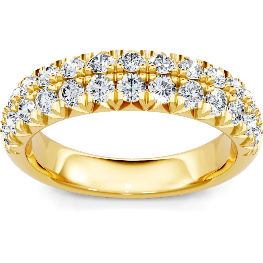 This gold 14K Yellow Gold rose wedding band features a comfort fit style with a comfort fit setting. The design is accented with diamonds totaling about 0.013 carats.