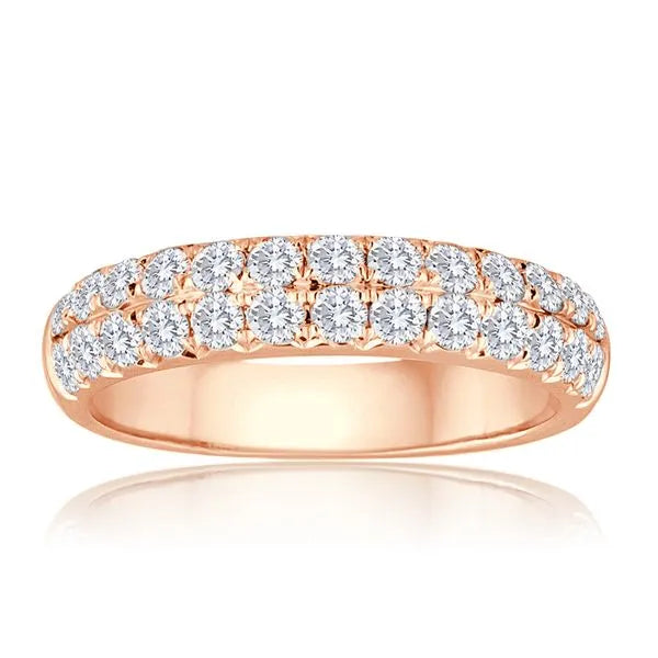 This gold 14K Rose' Gold rose wedding band features a comfort fit style with a comfort fit setting. The design is accented with diamonds totaling about 0.013 carats.