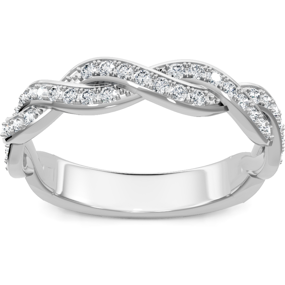 This gold 14K White Gold rose wedding band features a anniversary style with a anniversary setting. The design is accented with diamonds totaling about 0.011 carats.