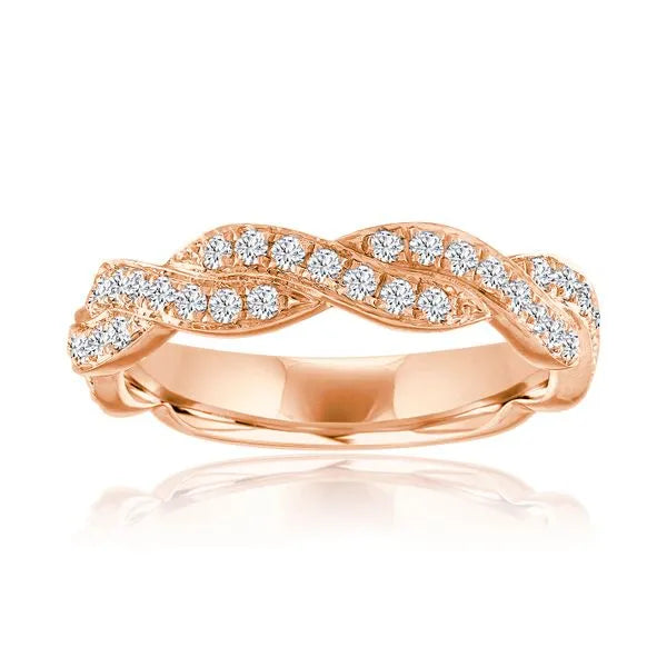 This gold 14K Rose' Gold rose wedding band features a anniversary style with a anniversary setting. The design is accented with diamonds totaling about 0.011 carats.