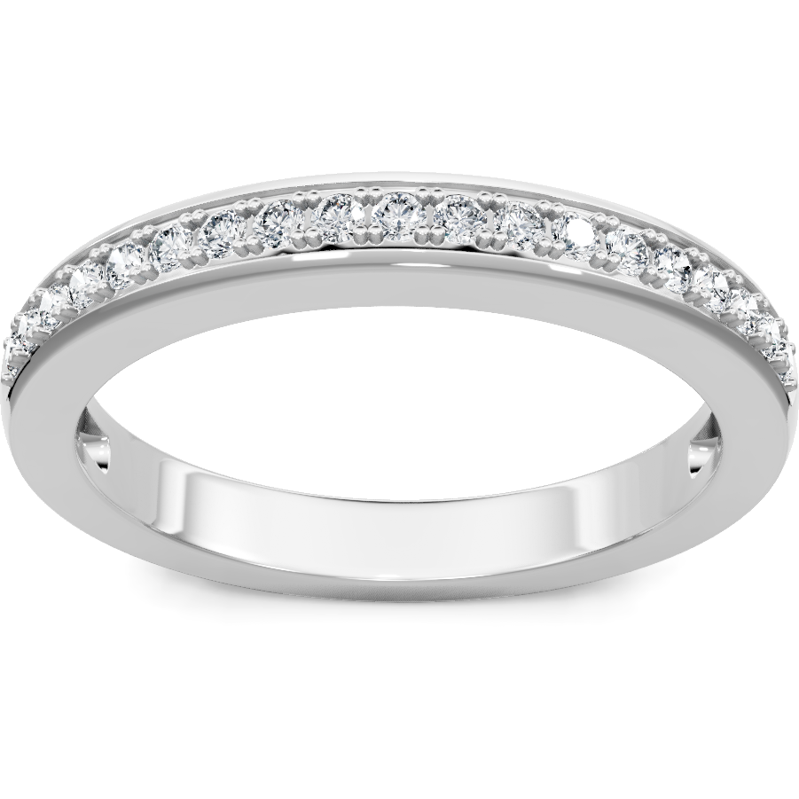 This gold 14K White Gold rose wedding band features a pavé style with a pavé setting. The design is accented with diamonds totaling about 0.006 carats.