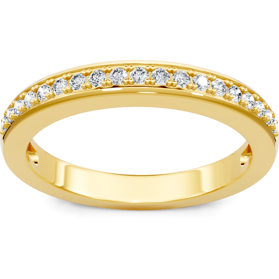 This gold 14K Yellow Gold rose wedding band features a pavé style with a pavé setting. The design is accented with diamonds totaling about 0.006 carats.