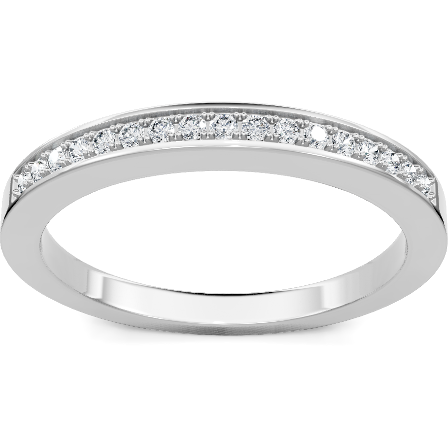 This gold 14K White Gold rose wedding band features a comfort fit style with a comfort fit setting. The design is accented with diamonds totaling about 0.1 carats.