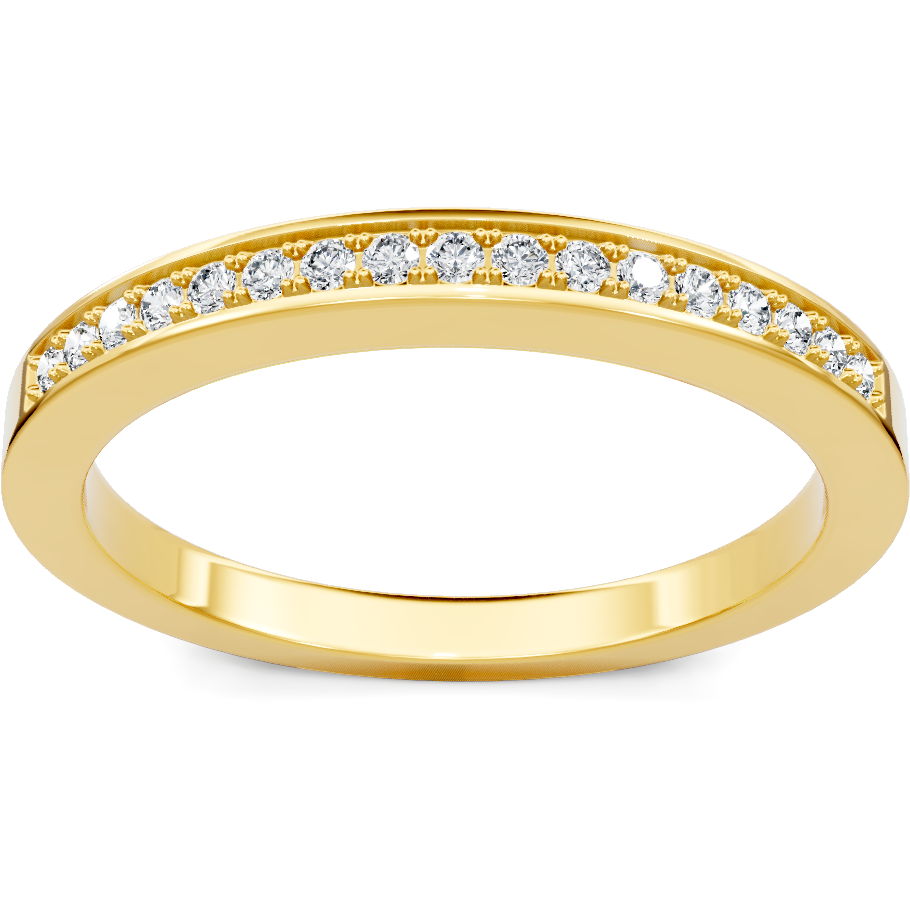 This gold 14K Yellow Gold rose wedding band features a comfort fit style with a comfort fit setting. The design is accented with diamonds totaling about 0.1 carats.