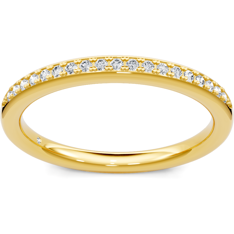 This gold 14K Yellow Gold rose wedding band features a milgrain style with a milgrain setting. The design is accented with diamonds totaling about 0.005 carats.