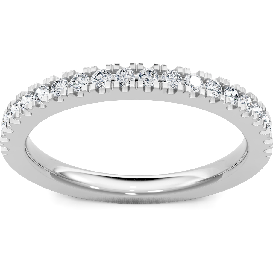 This gold 14K White Gold rose wedding band features a pavé style with a pavé setting. The design is accented with diamonds totaling about 0.013 carats.