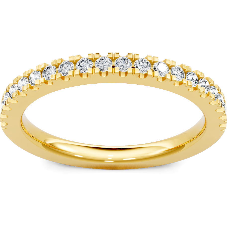 This gold 14K Yellow Gold rose wedding band features a pavé style with a pavé setting. The design is accented with diamonds totaling about 0.013 carats.