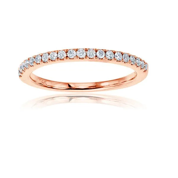 This gold 14K Rose' Gold rose wedding band features a pavé style with a pavé setting. The design is accented with diamonds totaling about 0.013 carats.
