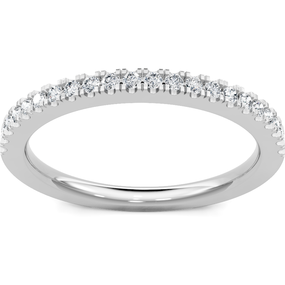 This gold 14K White Gold rose wedding band features a pavé style with a pavé setting. The design is accented with diamonds totaling about 0.008 carats.