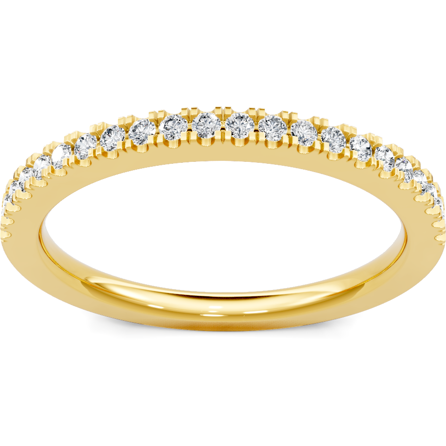 This gold 14K Yellow Gold rose wedding band features a pavé style with a pavé setting. The design is accented with diamonds totaling about 0.008 carats.