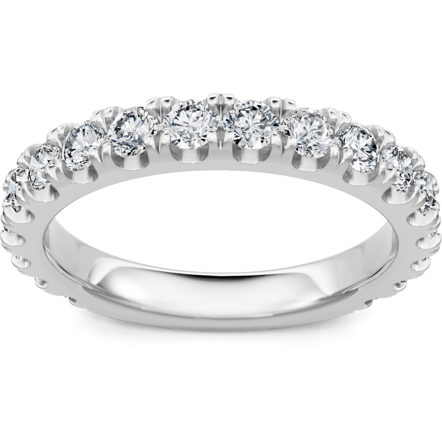 This gold 14K White Gold rose wedding band features a comfort fit style with a comfort fit setting. The design is accented with diamonds totaling about 0.056 carats.
