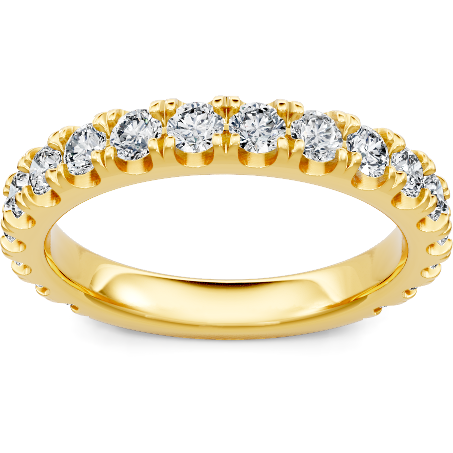 This gold 14K Yellow Gold rose wedding band features a comfort fit style with a comfort fit setting. The design is accented with diamonds totaling about 0.056 carats.