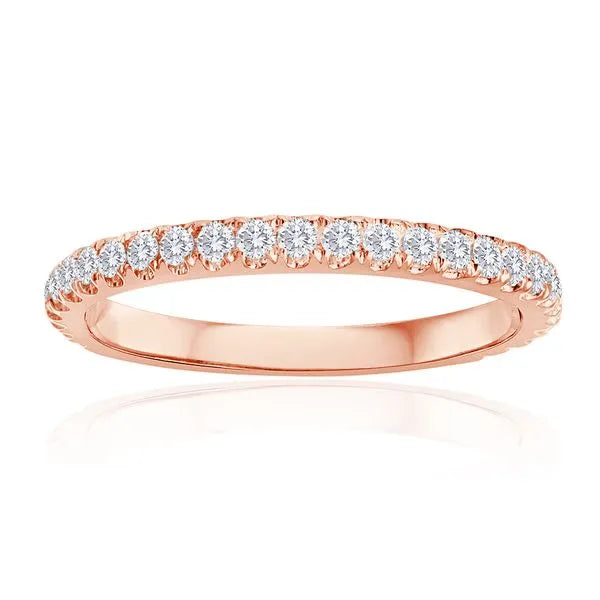 This gold 14K Rose' Gold rose wedding band features a comfort fit style with a comfort fit setting. The design is accented with diamonds totaling about 0.056 carats.
