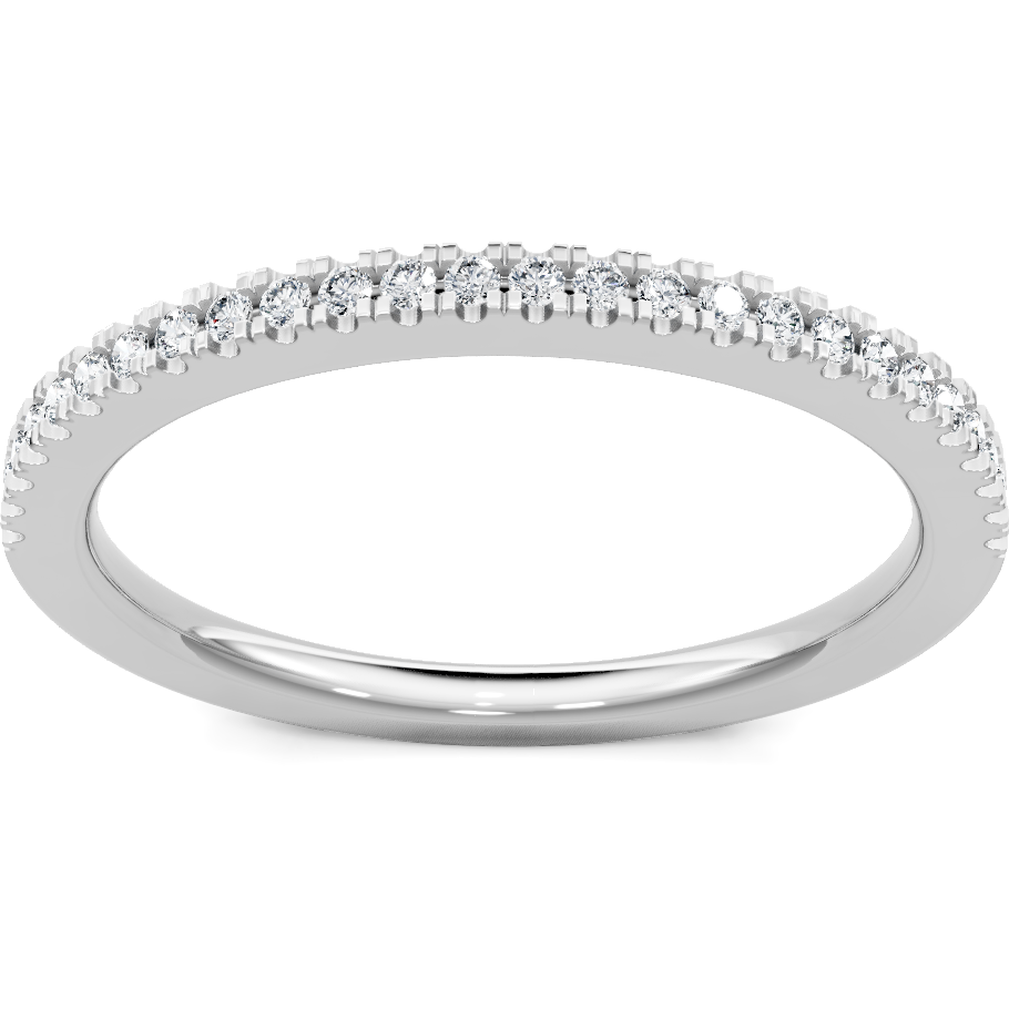 This gold 14K White Gold rose wedding band features a pavé style with a pavé setting. The design is accented with diamonds totaling about 0.004 carats.