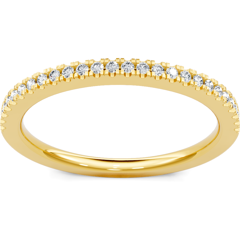 This gold 14K Yellow Gold rose wedding band features a pavé style with a pavé setting. The design is accented with diamonds totaling about 0.004 carats.