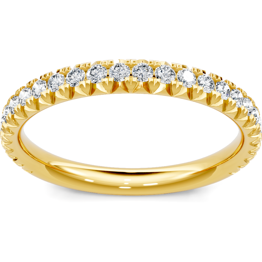 This gold 14K Yellow Gold rose wedding band features a pavé style with a pavé setting. The design is accented with diamonds totaling about 0.5 carats.