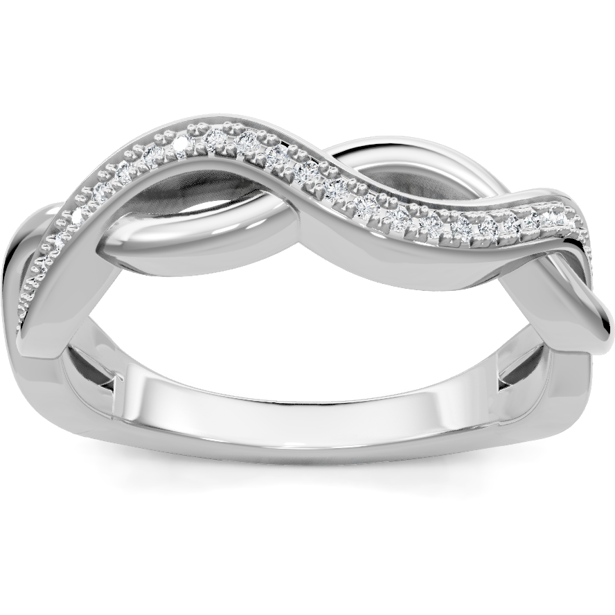 This gold 14K White Gold rose wedding band features a comfort fit style with a comfort fit setting. The design is accented with diamonds totaling about 0.17 carats.