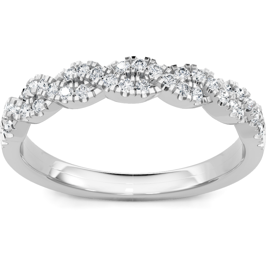 This gold 14K White Gold rose wedding band features a wedding band style with a wedding band setting. The design is accented with diamonds totaling about 0.006 carats.