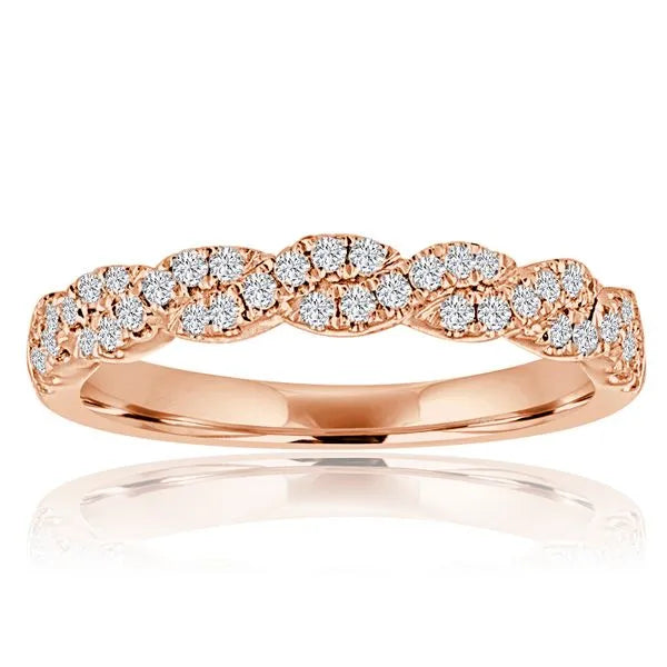 This gold 14K Rose' Gold rose wedding band features a wedding band style with a wedding band setting. The design is accented with diamonds totaling about 0.006 carats.