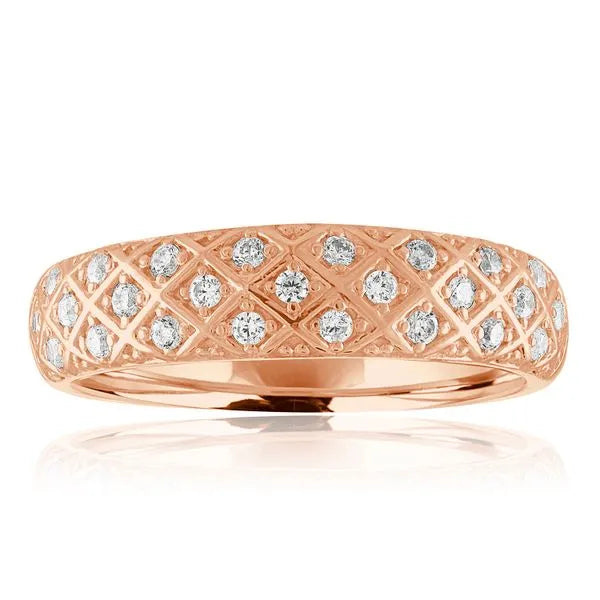 This gold 14K Rose' Gold rose wedding band features a comfort fit style with a comfort fit setting. The design is accented with diamonds totaling about 0.013 carats.