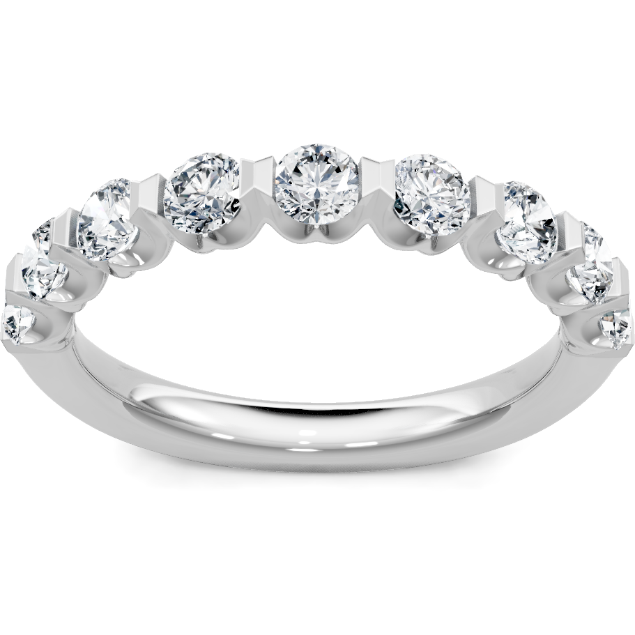 This gold 14K White Gold rose wedding band features a wedding band style with a wedding band setting. The design is accented with diamonds totaling about 0.1 carats.