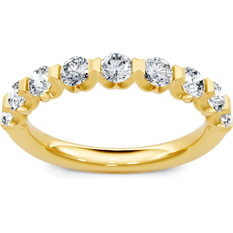 This gold 14K Yellow Gold rose wedding band features a wedding band style with a wedding band setting. The design is accented with diamonds totaling about 0.1 carats.