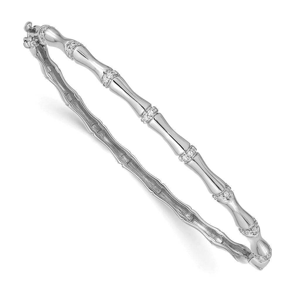 14k White Gold Bamboo Design Complete 1/4 carat Diamond Hinged Oval Bangle Bracelet - View 1