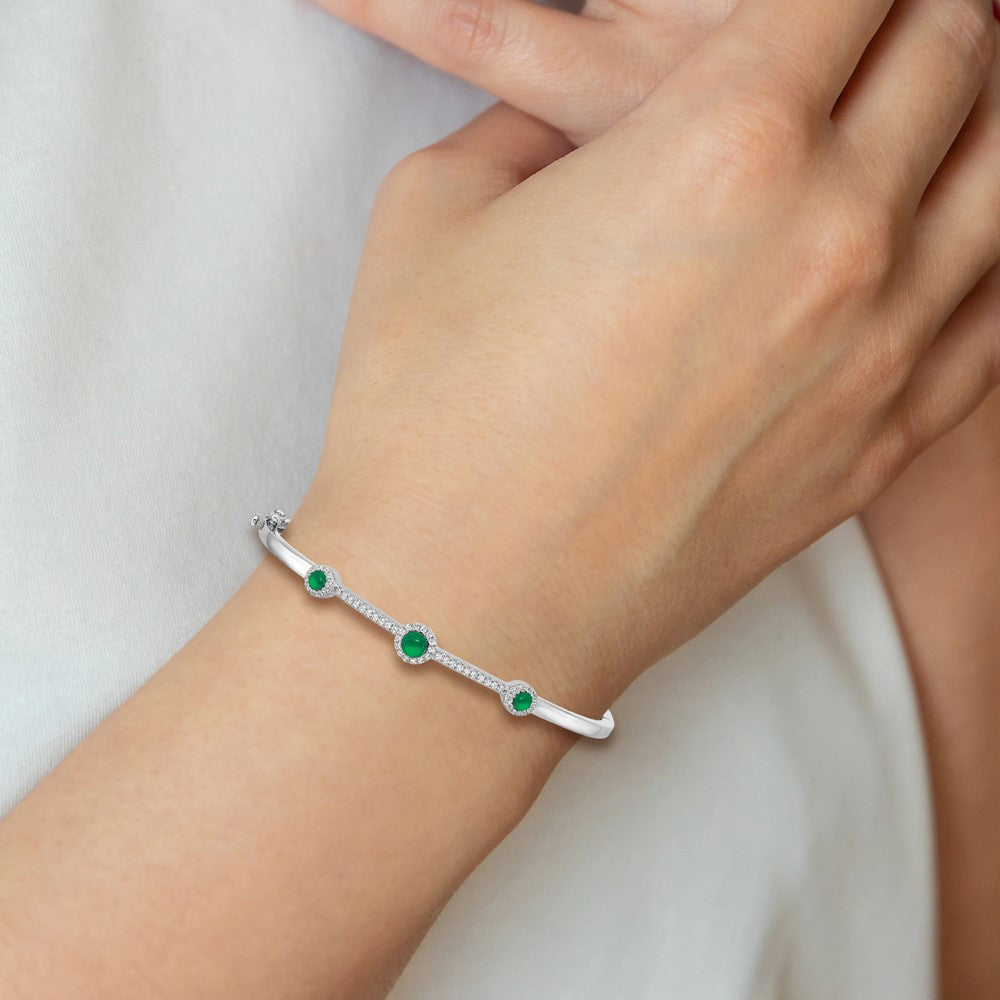 14k White Gold Diamond and Cabochon Emerald Hinged Bangle - Image 3