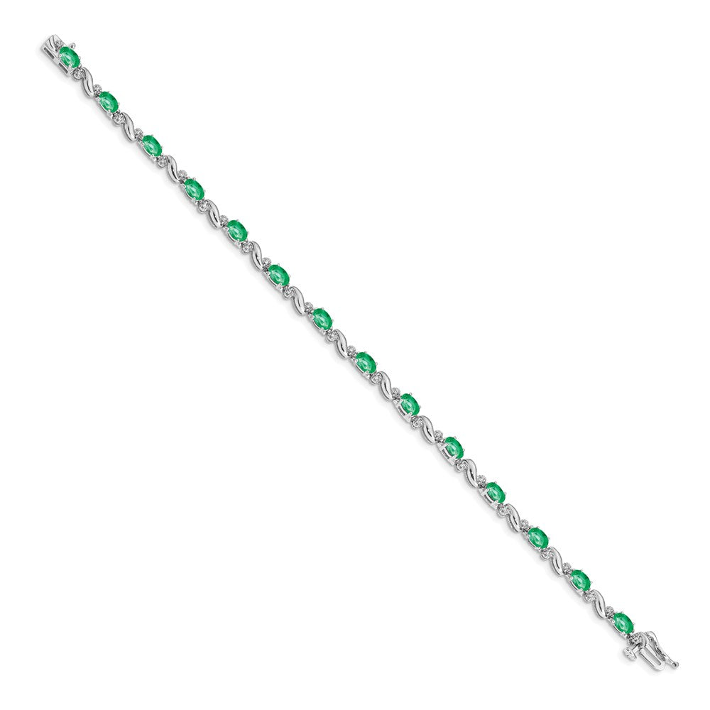 14k White Gold Diamond and Oval Emerald Curved Link Bracelet, 7 Inches - Image 1