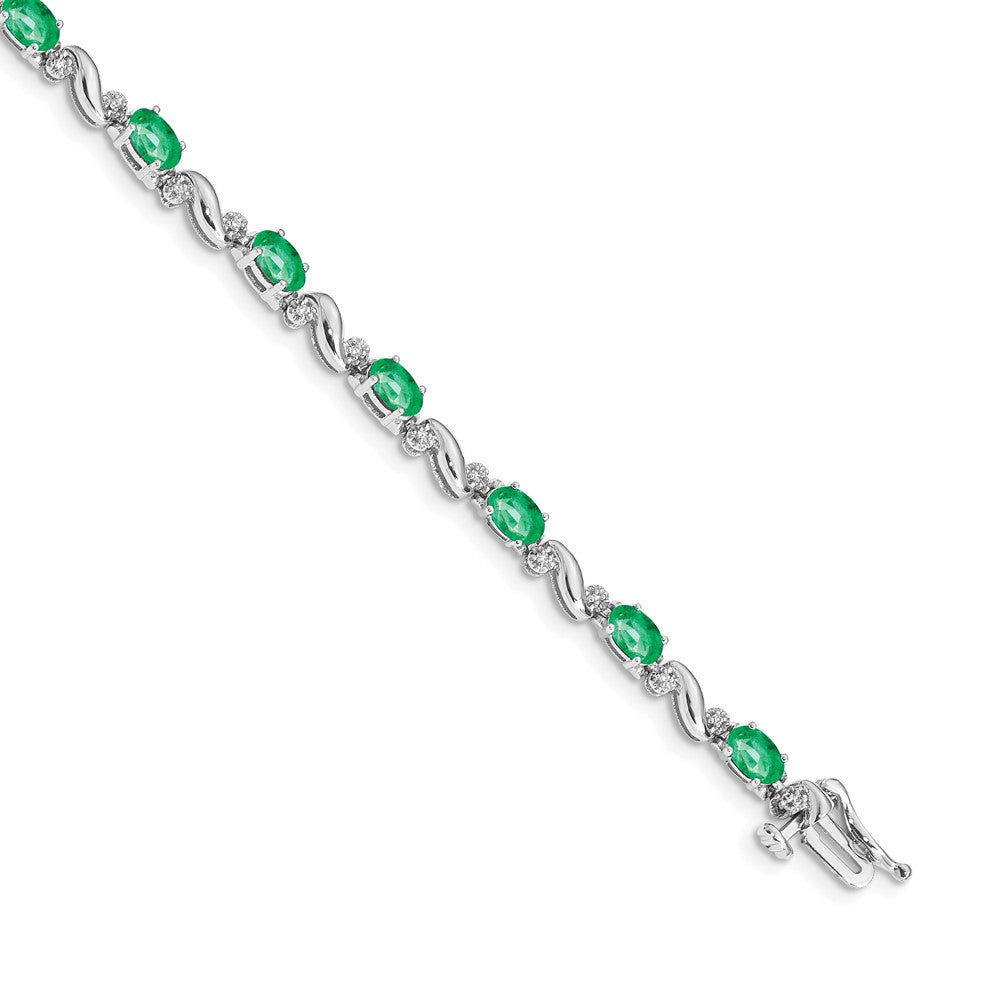 14k White Gold Complete Diamond and Oval Emerald Curved Link 7 inch Bracelet - View 1