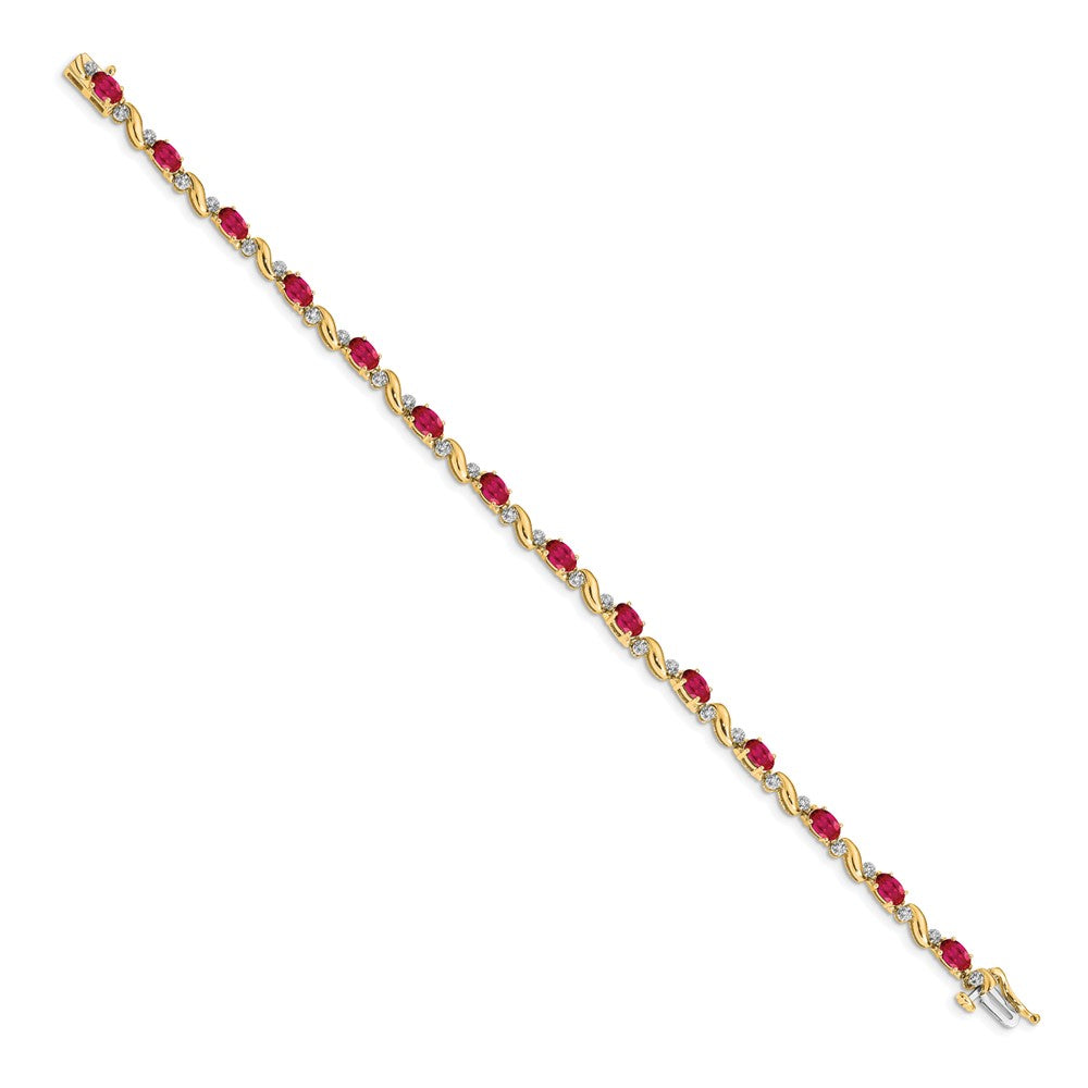 14k Gold Oval Ruby and Diamond Curved Link Bracelet, 7 Inch - Image 1