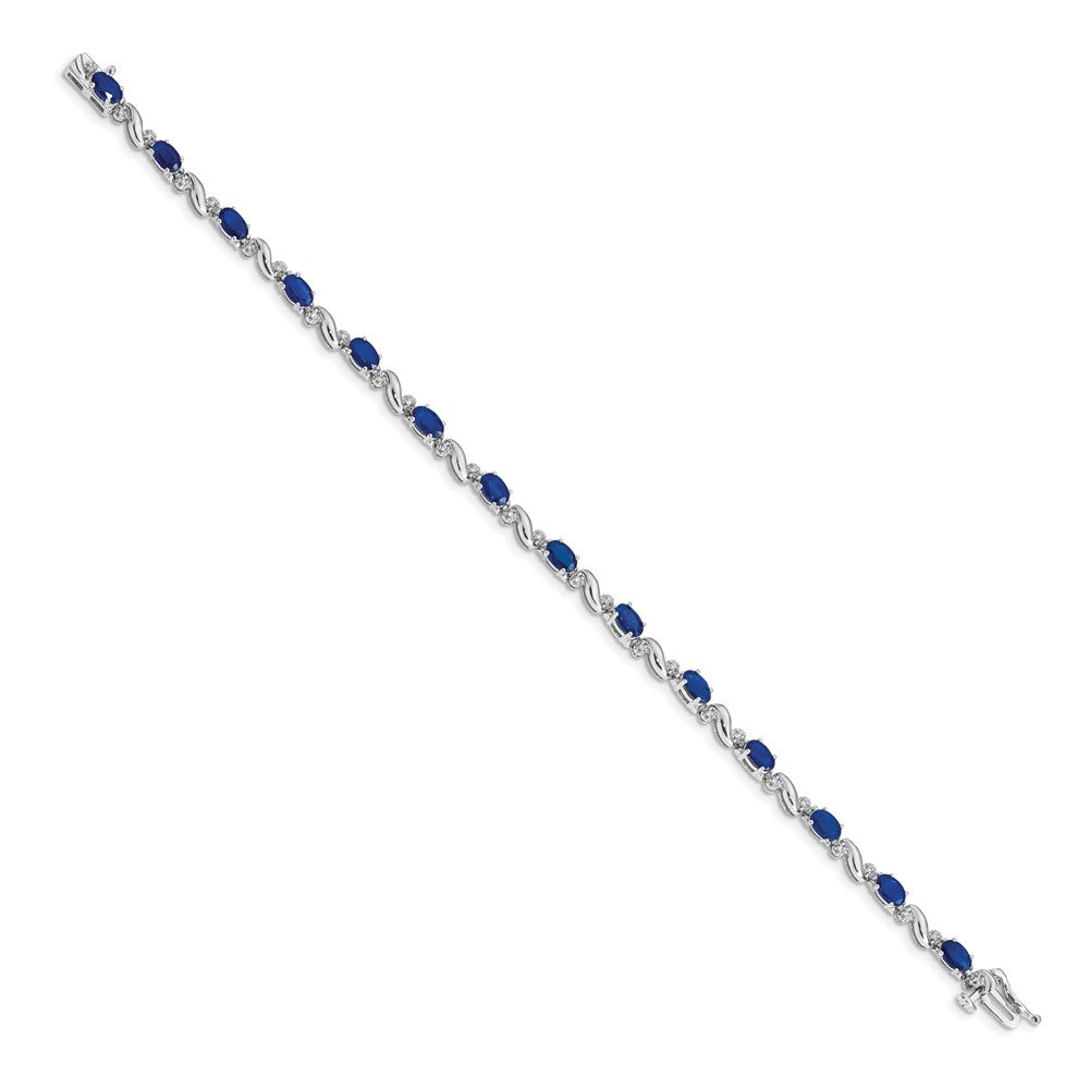 14k White Gold Complete Diamond and Oval Sapphire Curved Link 7 inch Bracelet - View 2