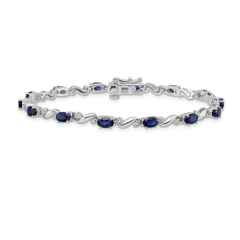 14k White Gold Complete Diamond and Oval Sapphire Curved Link 7 inch Bracelet - View 3