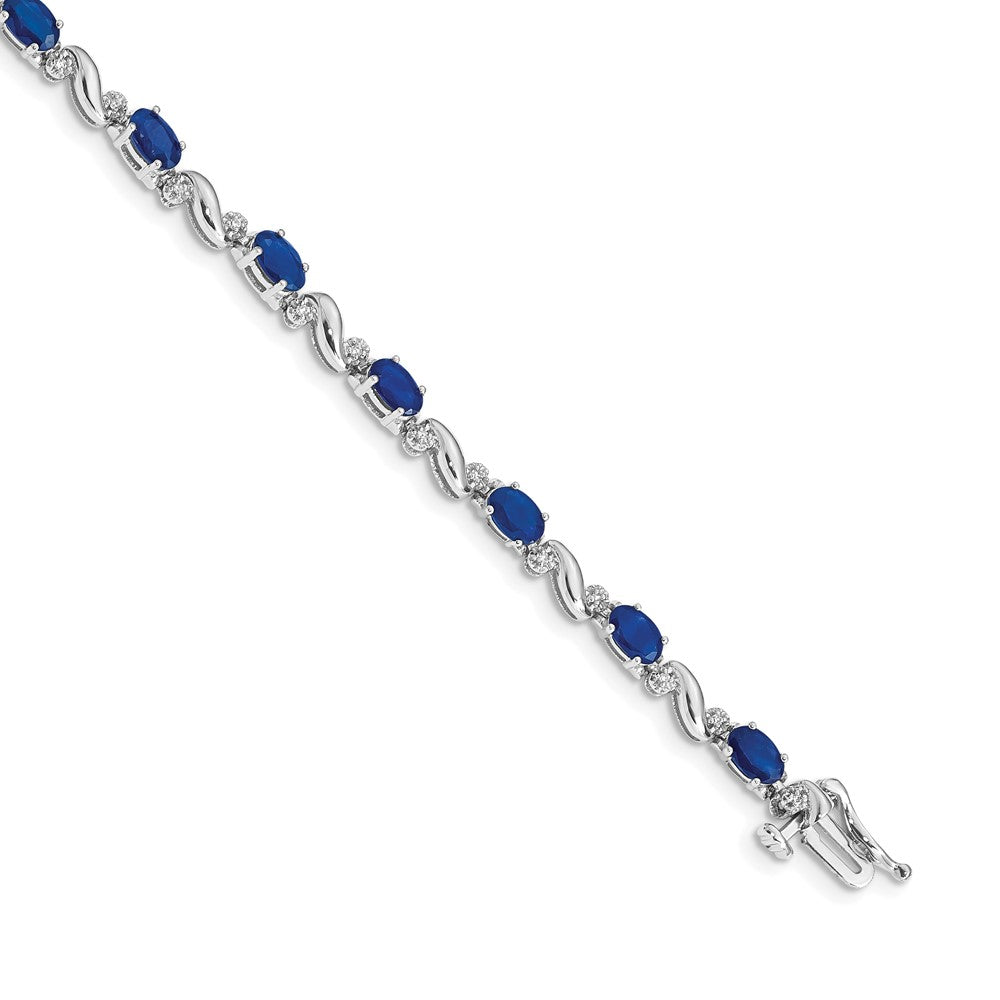 14k White Gold Complete Diamond and Oval Sapphire Curved Link 7 inch Bracelet - View 1