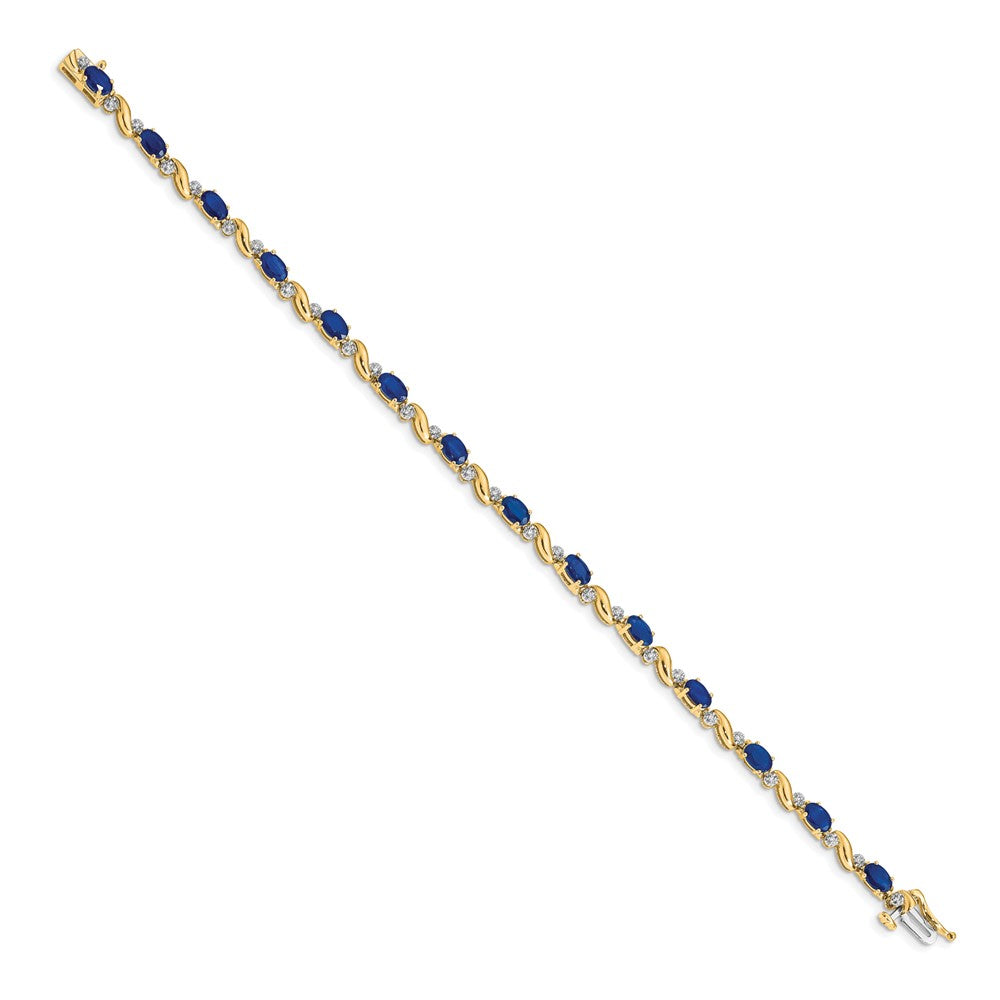 14k Gold Oval Sapphire and Diamond Curved Link Bracelet, 7 Inches - Image 1