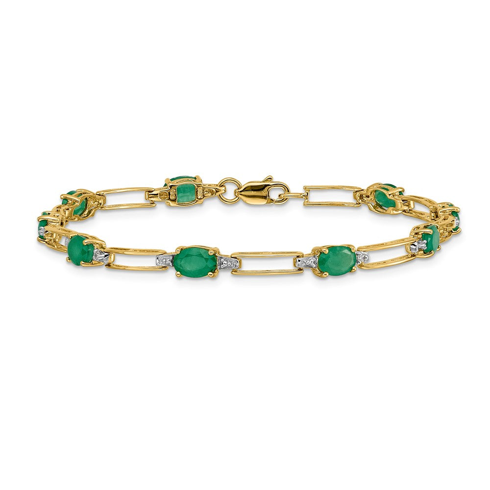 14k Complete Diamond and Oval Emerald Paperclip Link 7.25 inch Bracelet - View 3