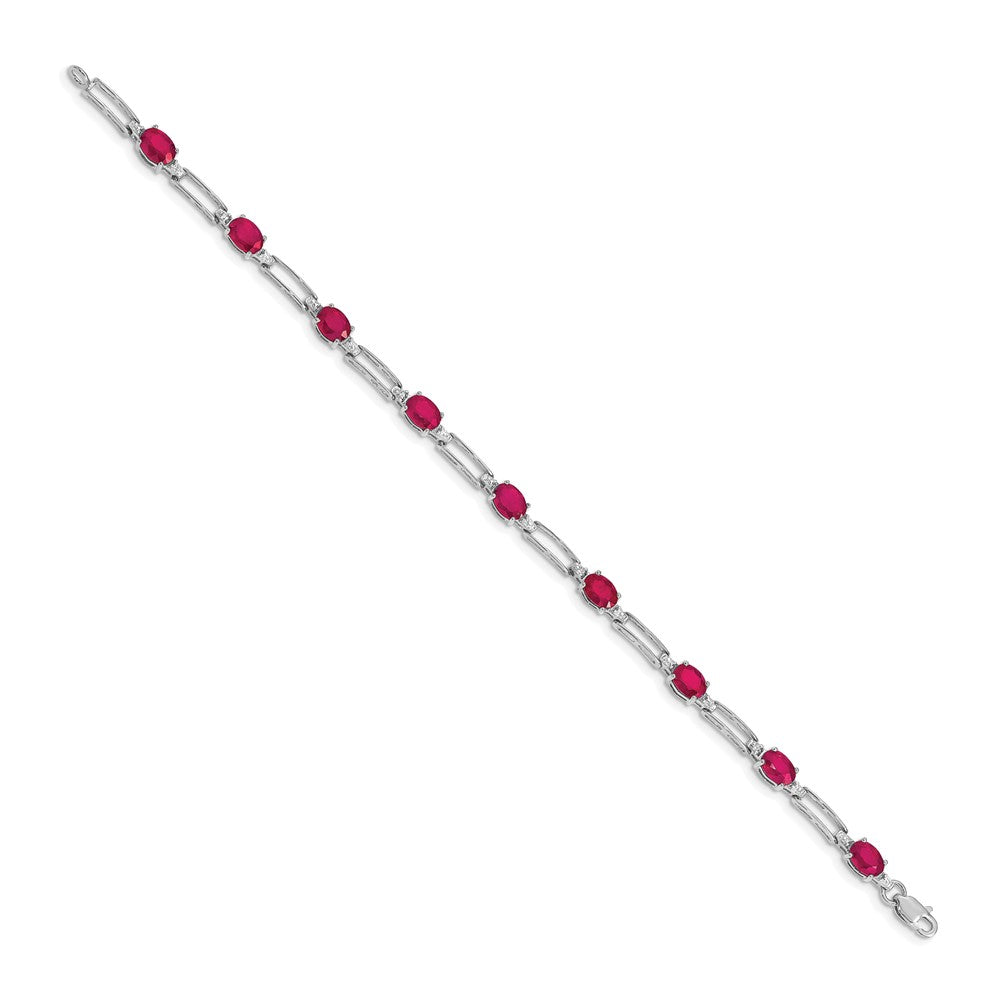 14k White Gold Paperclip Link Bracelet with Diamond and Oval Ruby Details, 7.25 Inch - Image 2