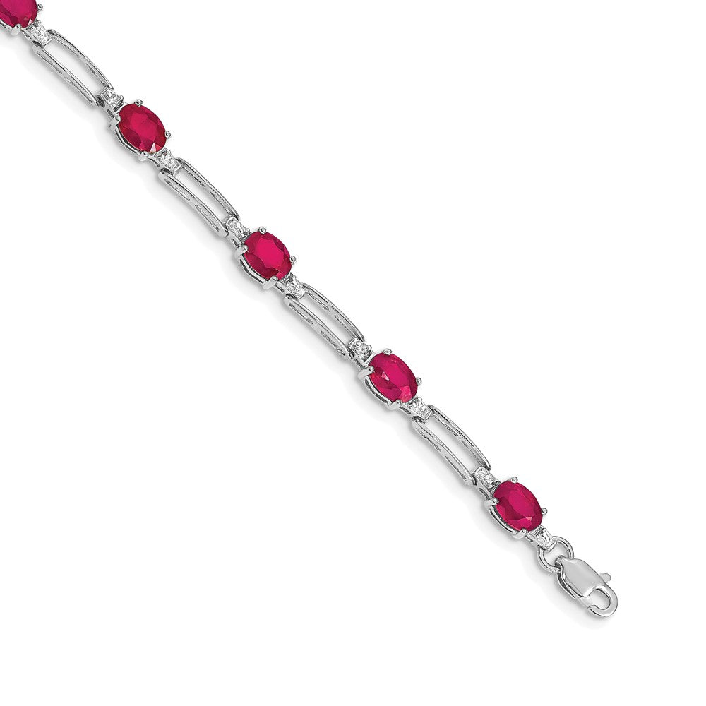 14k White Gold Complete Diamond and Oval Ruby Paperclip Link 7.25 inch Bracelet - View 1