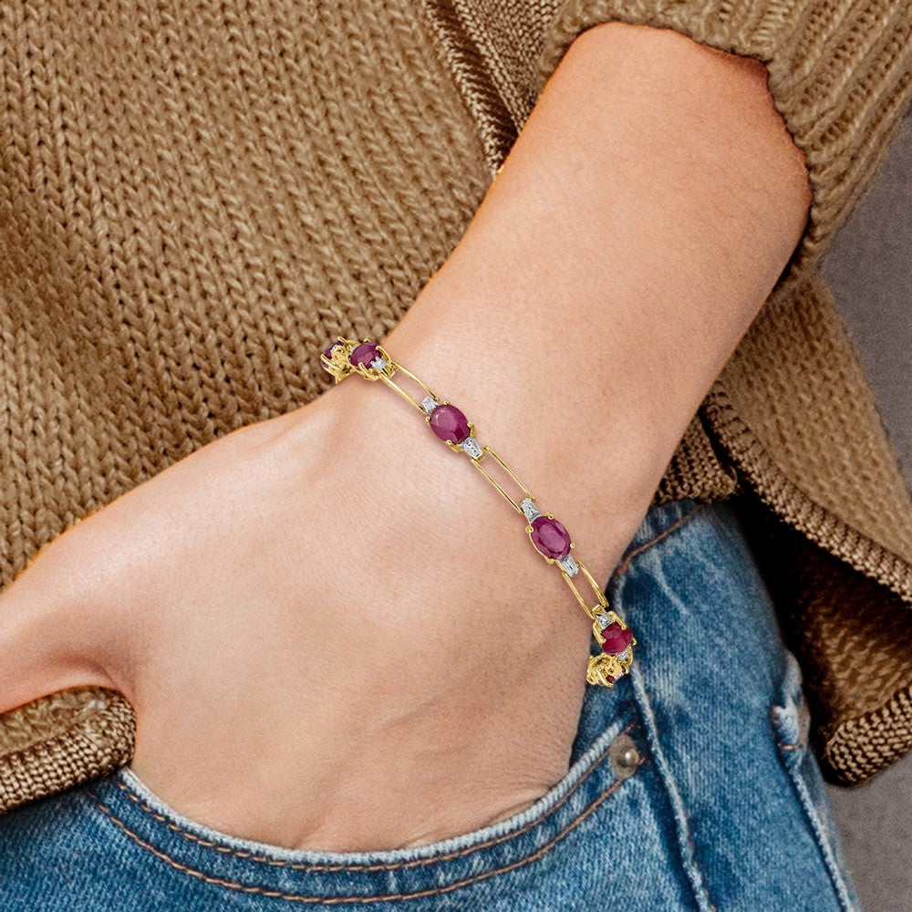 14k Complete Diamond and Oval Ruby Paperclip Link 7.25 inch Bracelet - View 4