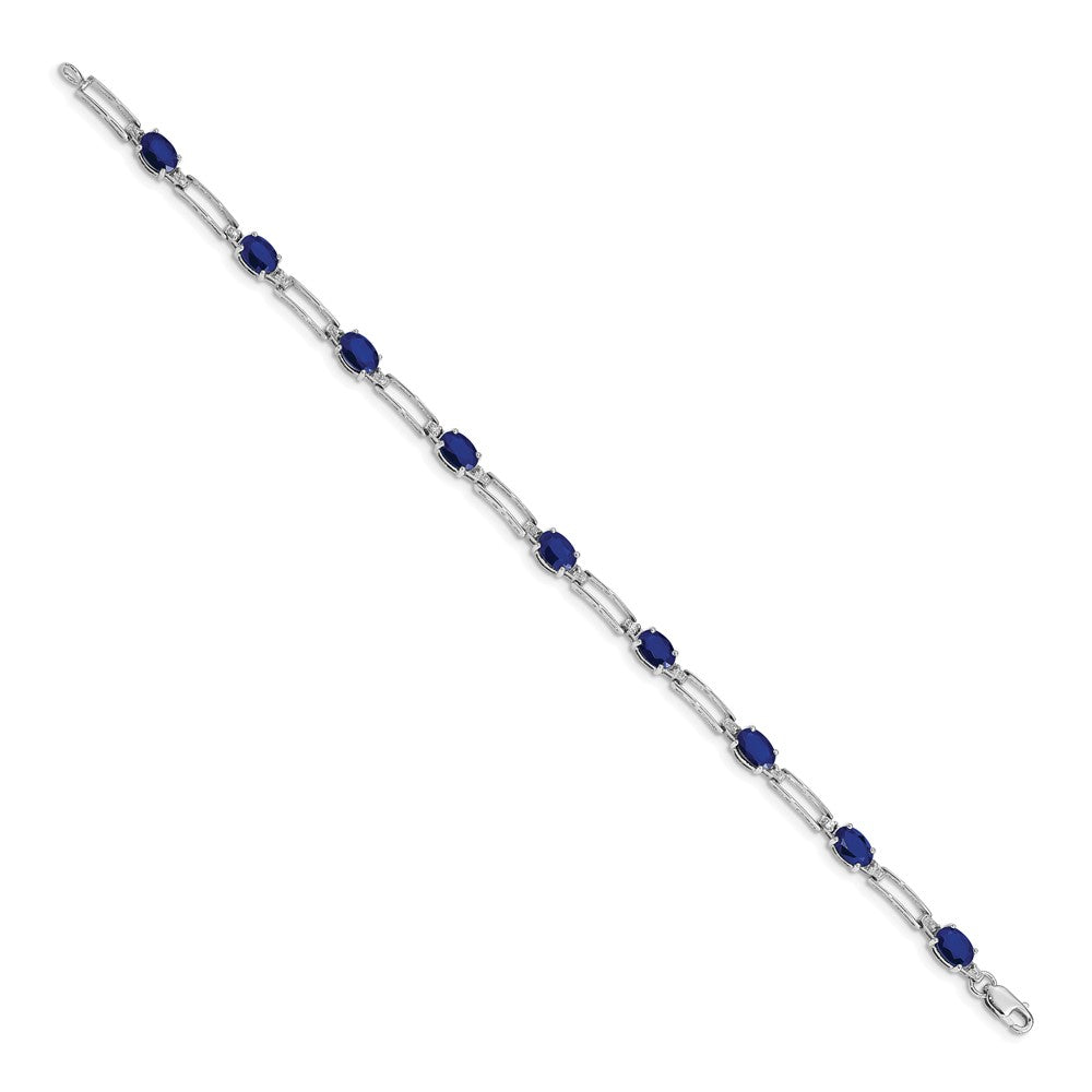 14k White Gold Complete Diamond and Oval Sapphire Paperclip Link 7.25 inch Bracelet - View 2