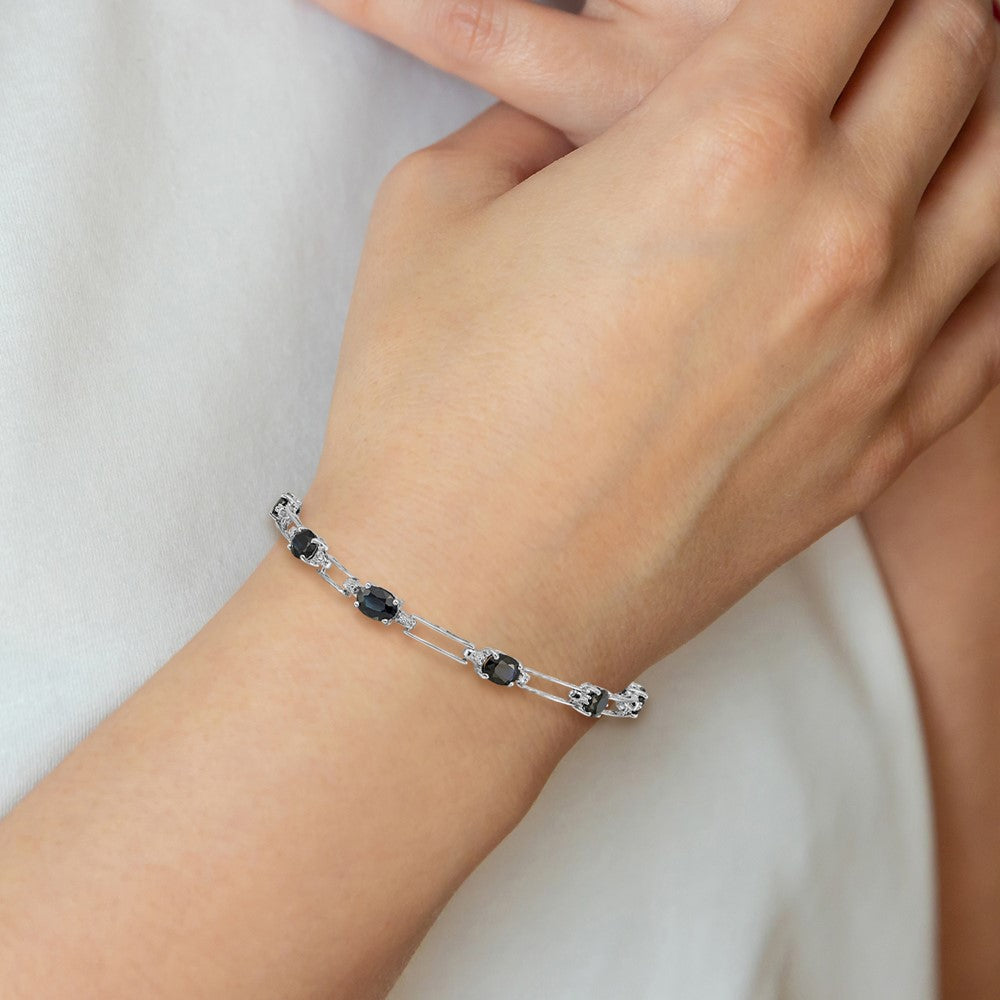 14k White Gold Complete Diamond and Oval Sapphire Paperclip Link 7.25 inch Bracelet - View 4