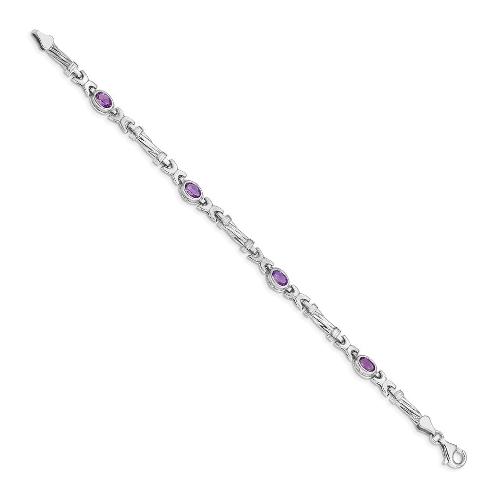 14k White Gold Complete Oval Amethyst Fancy Link 7 inch Bracelet - View 2