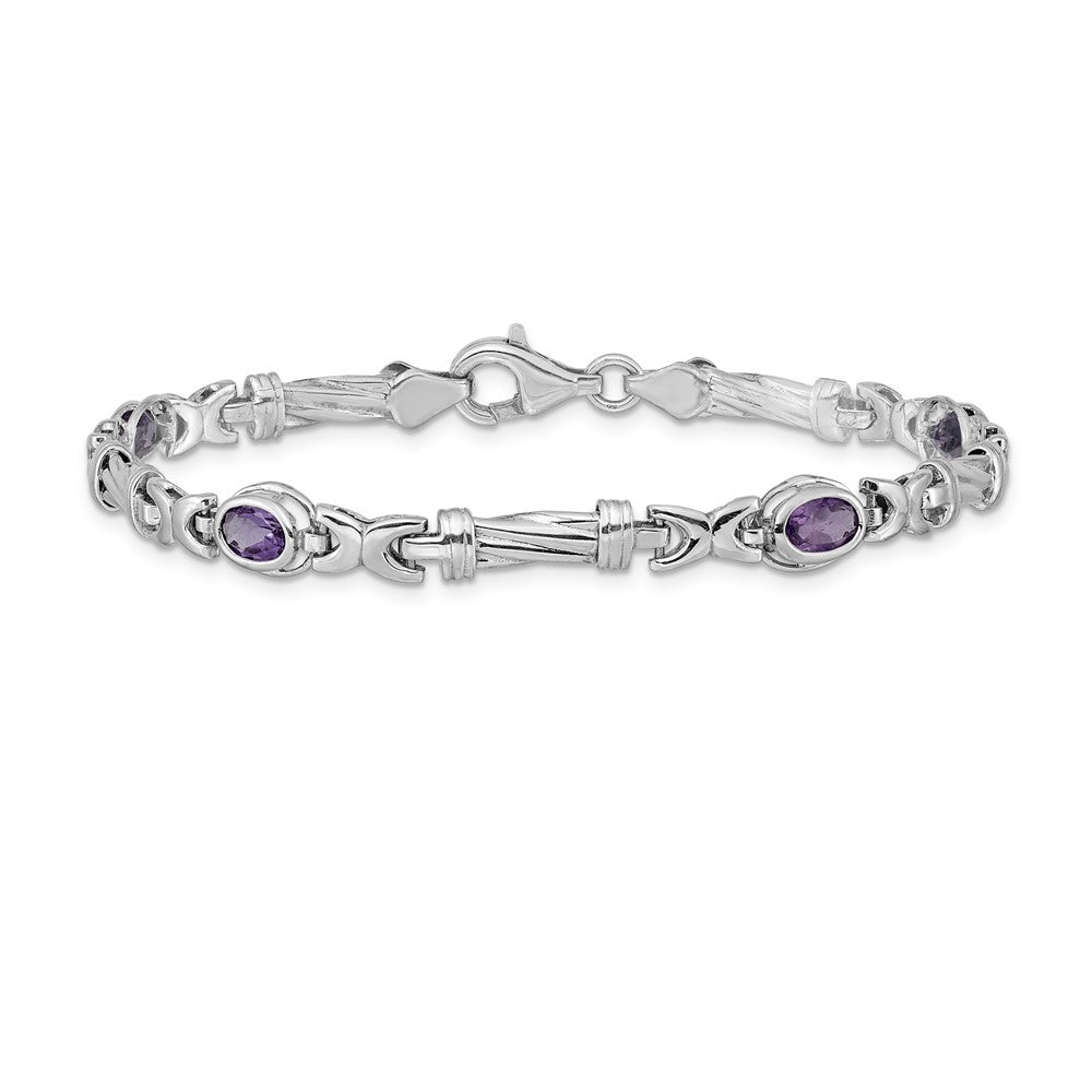 14k White Gold Complete Oval Amethyst Fancy Link 7 inch Bracelet - View 3