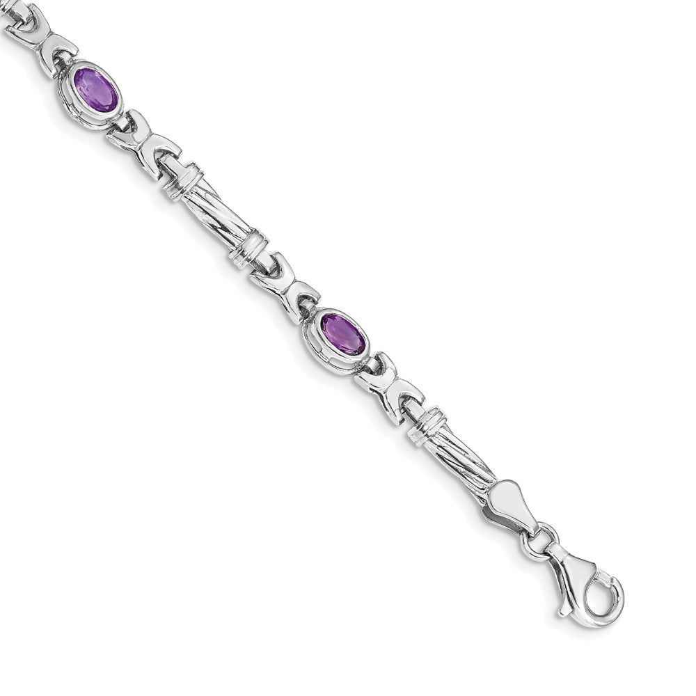 14k White Gold Complete Oval Amethyst Fancy Link 7 inch Bracelet - View 1