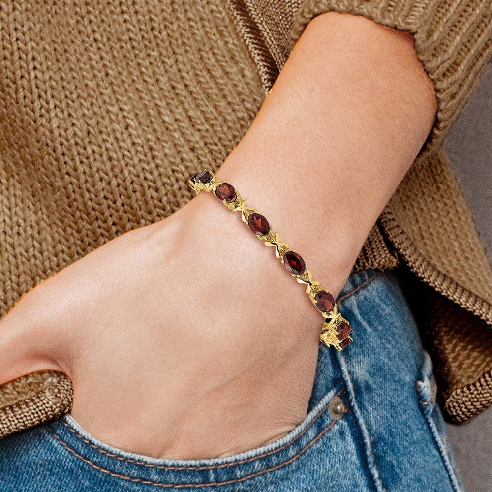 14k Complete 7x5mm Oval Garnet X-design 7 inch Bracelet - View 4