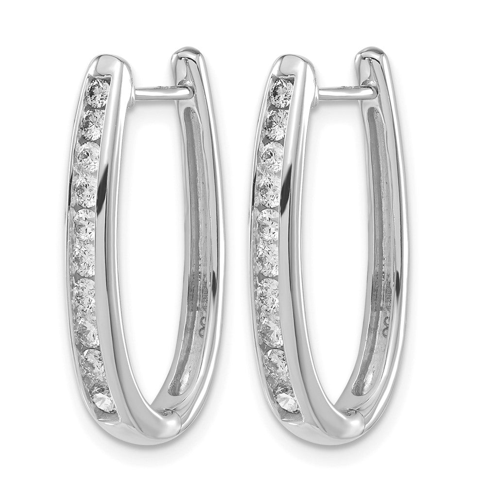 14k White Gold Diamond Oval Hinged Hoop Earrings - View 2