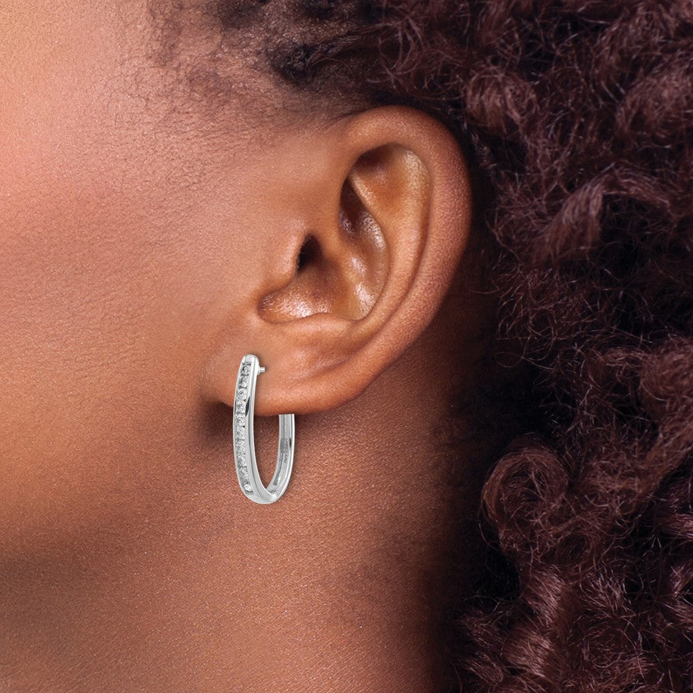 14k White Gold Diamond Oval Hinged Hoop Earrings - View 3