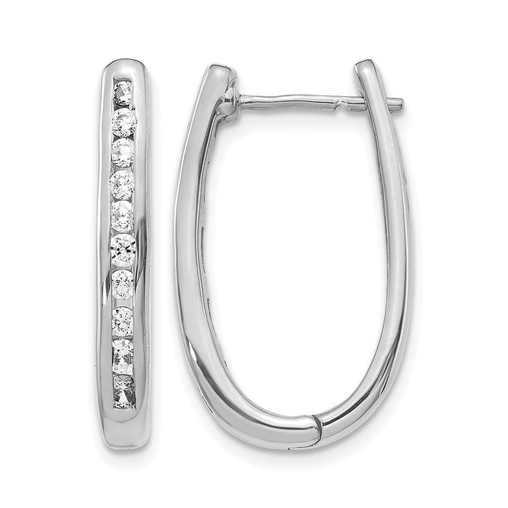 14k White Gold Diamond Oval Hinged Hoop Earrings