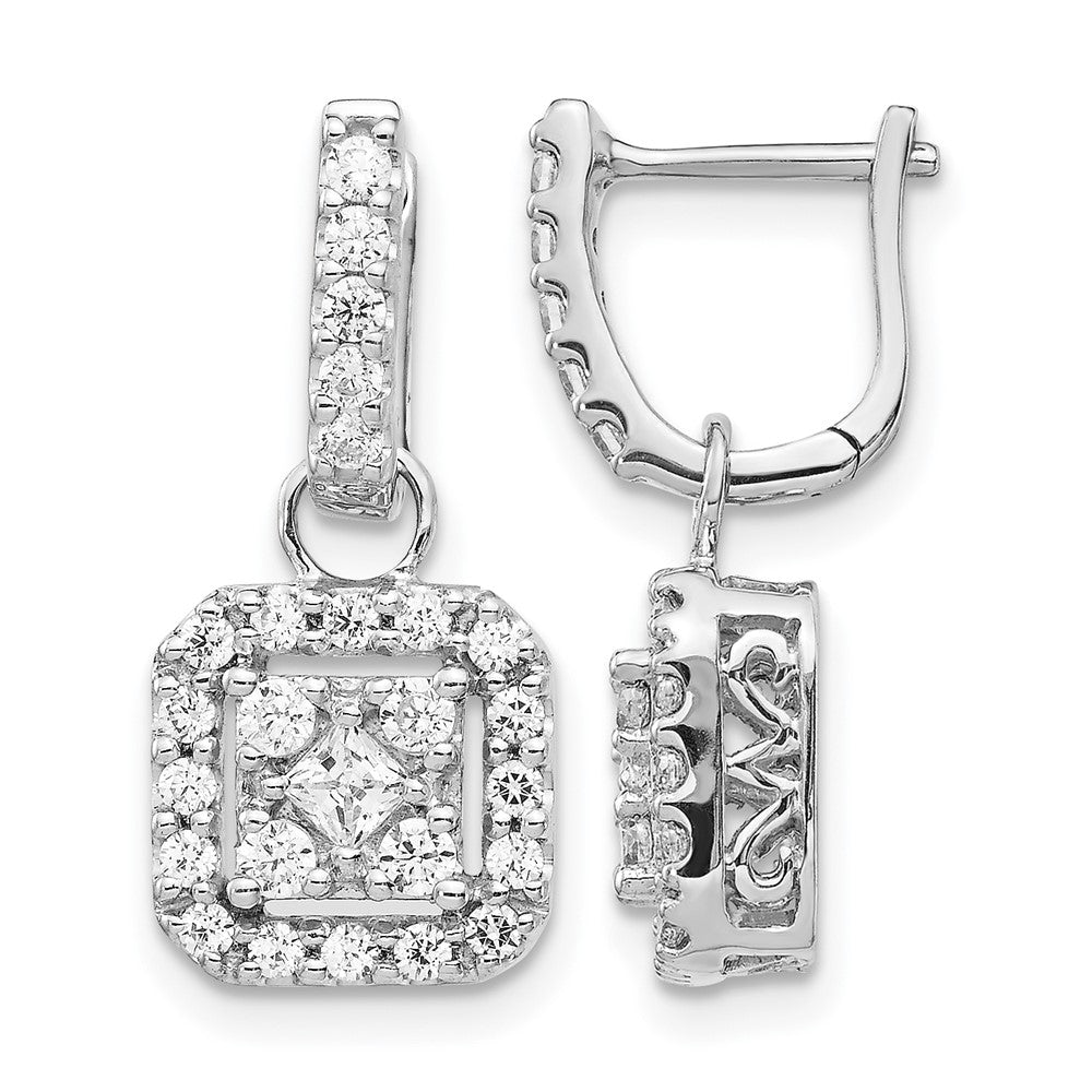 14k White Gold 7/8 carat Diamond Square Cluster Dangle Hinged Earrings - View 1