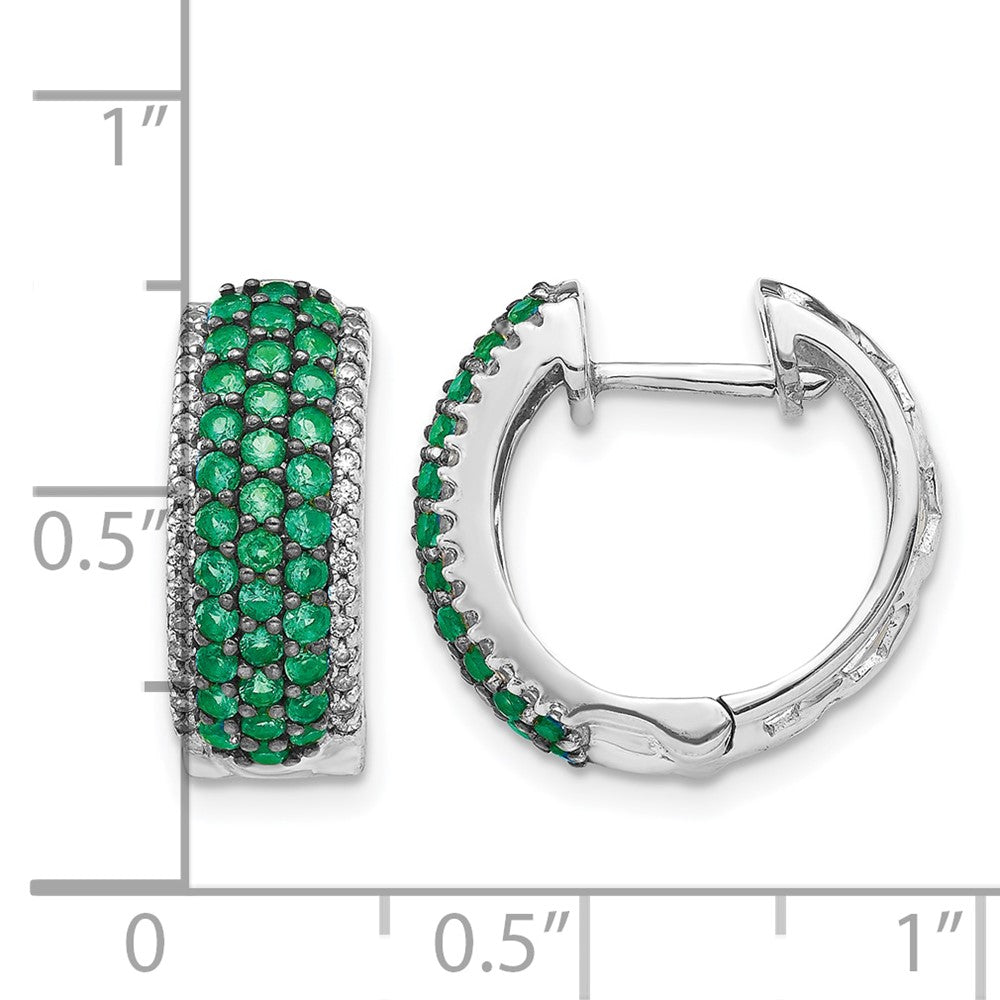 14k White Gold Diamond and Emerald Hinged Hoop Earrings - Image 3